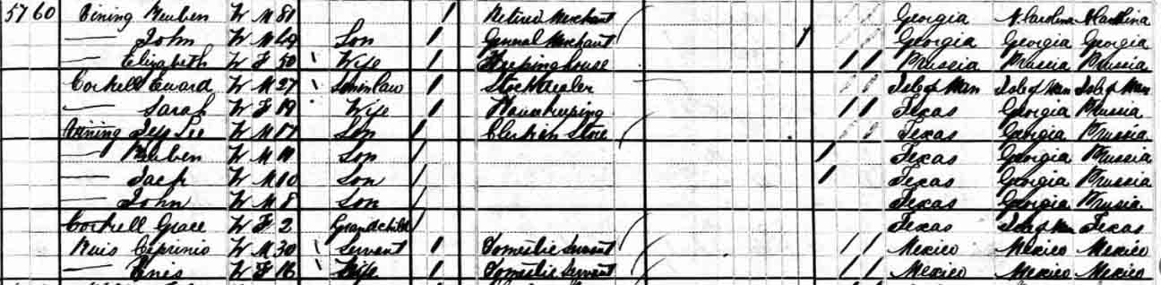 John Vining - Elizabeth Stratford - Commissioners precincts 3 and 4, Duval County, Texas - dwelling 57, family 60. In 1880, Sarah Vining was married, to [Euard?] [Corkell?], and she and her family were living in this household.
