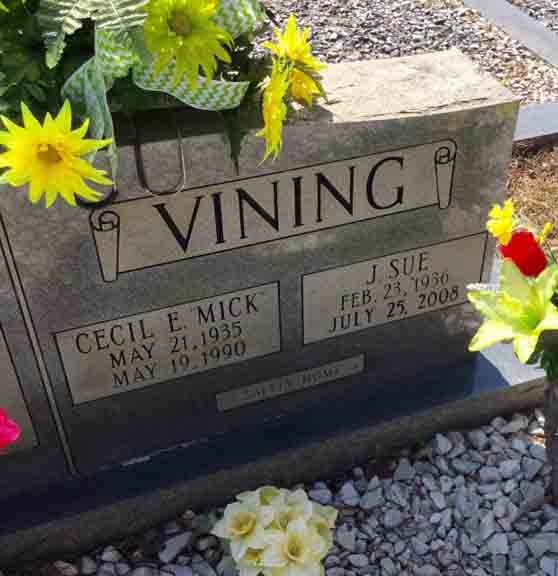 Thomas J. Vining - Ulala [...] - Headstone for Cecil Edgar Vining and J. Sue ([…]) Vining, son and daughter-in-law of Thomas Joshua Vining, in Green Pond Presbyterian Church Cemetery, Green Pond, Bibb County, Alabama (from Find A Grave)